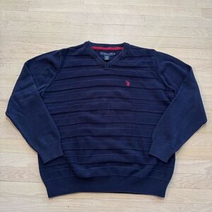 U.S. Polo Assn. V-Neck Ribbed Striped Navy Blue Men's XL